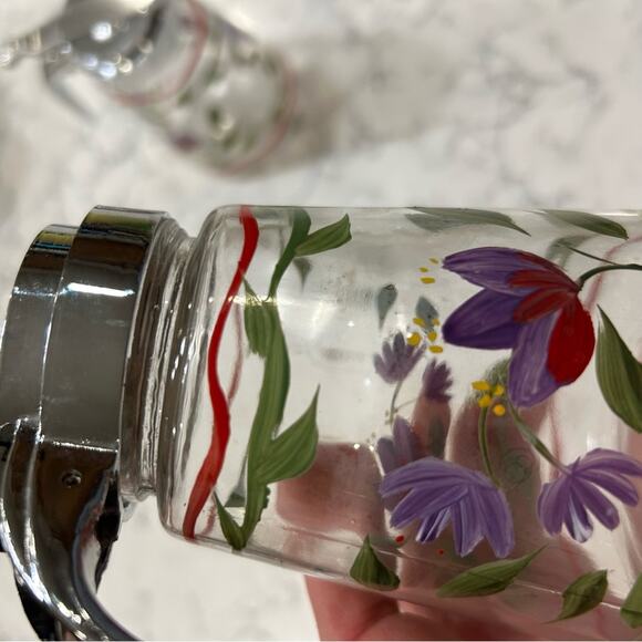 Set of 2 Vintage Glassware Metal Lid Hand Painted Syrup Pourers Dispensers - Picture 8 of 9